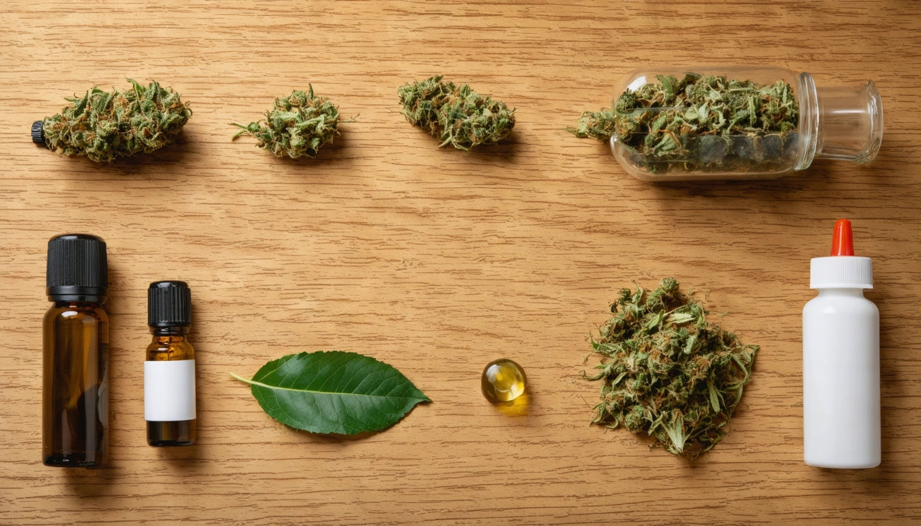 Glass jar with dried herbs, two amber bottles, a green leaf, a yellow capsule, and a white bottle on a wooden surface