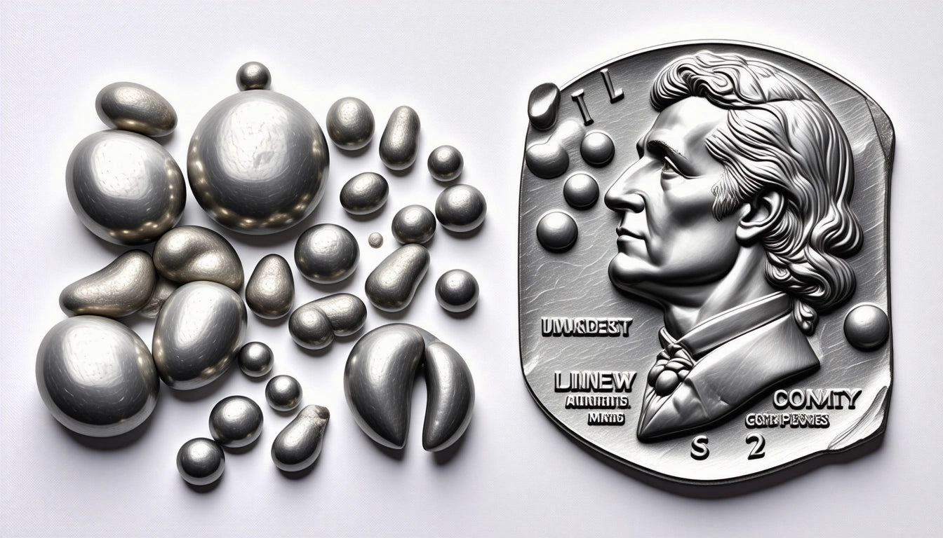 Silver metallic blobs of various sizes next to a coin with a profile of a man and abstract symbols