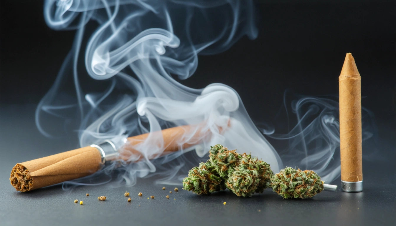 Cigar and rolled paper with smoke swirling, next to green plant buds on a dark surface