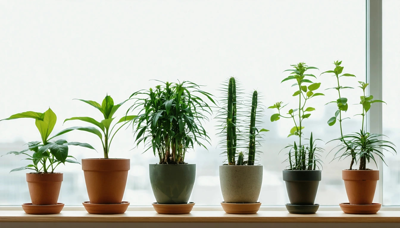 Six potted plants on a windowsill, each in different pots, with varying leaf shapes and sizes, against a bright window