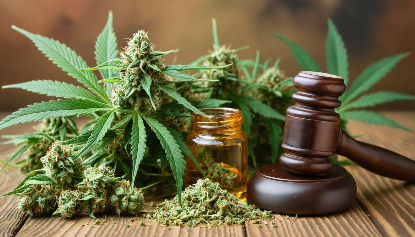 Cannabis leaves and buds next to a wooden gavel and a small amber jar on a wooden surface