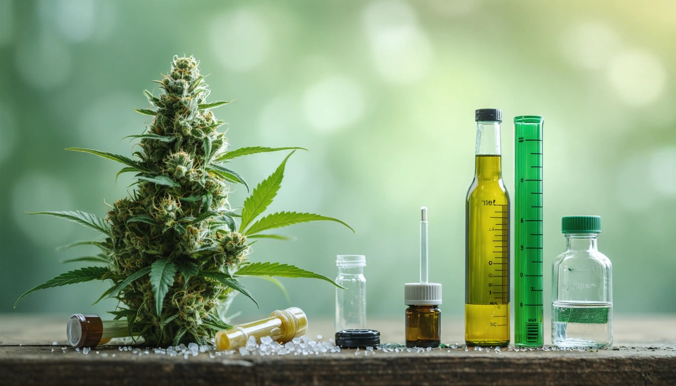 Glass bottles with liquids, dropper, test tubes, and a large green plant on a wooden surface, blurred green background