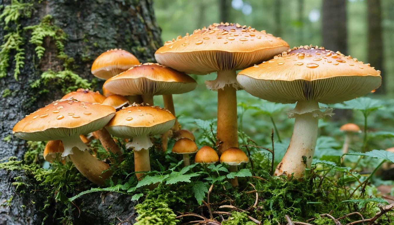 Cluster of orange mushrooms with white stems growing at tree base, surrounded by green moss and foliage in a forest setting