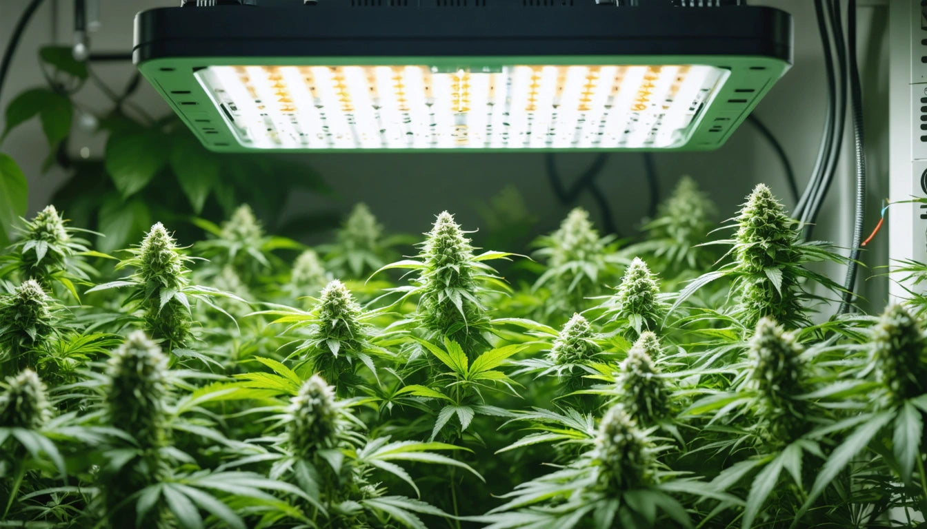 Green plants with pointed leaves and buds under a bright rectangular LED grow light