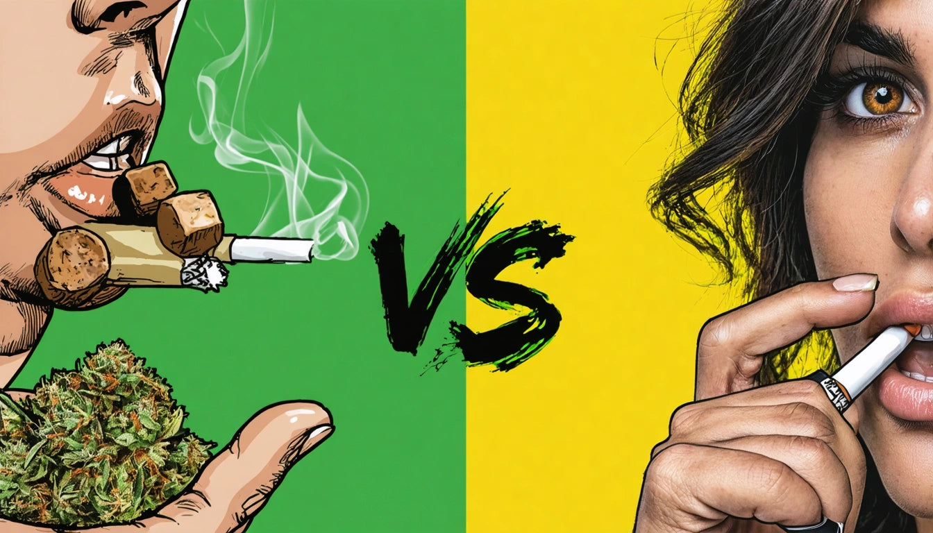 Split image with cartoon style on left showing person holding smoking pipe and cannabis, realistic style on right with person holding cigarette