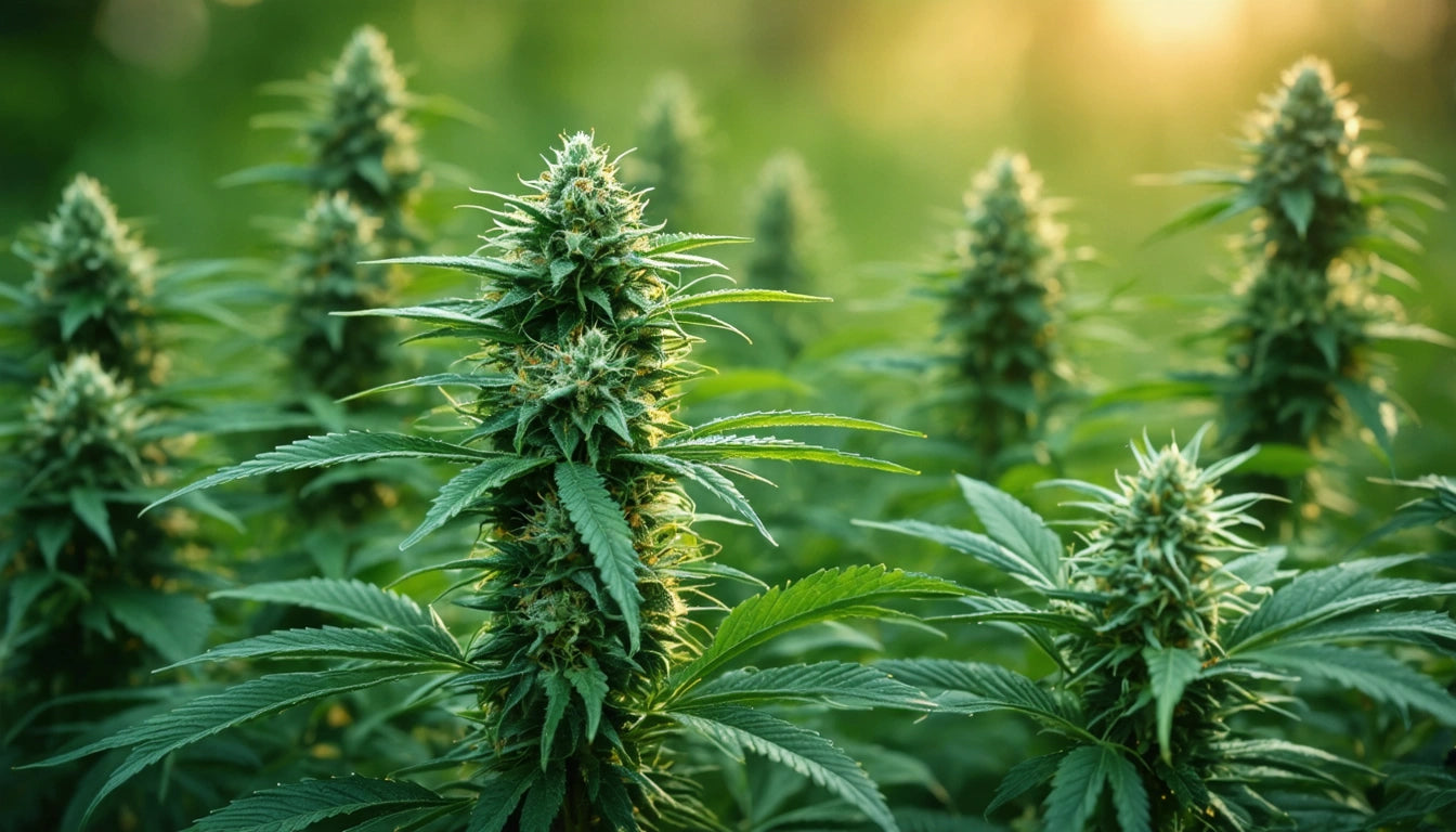 Dense green plants with pointed leaves and clustered buds, set against a blurred background with warm sunlight filtering through