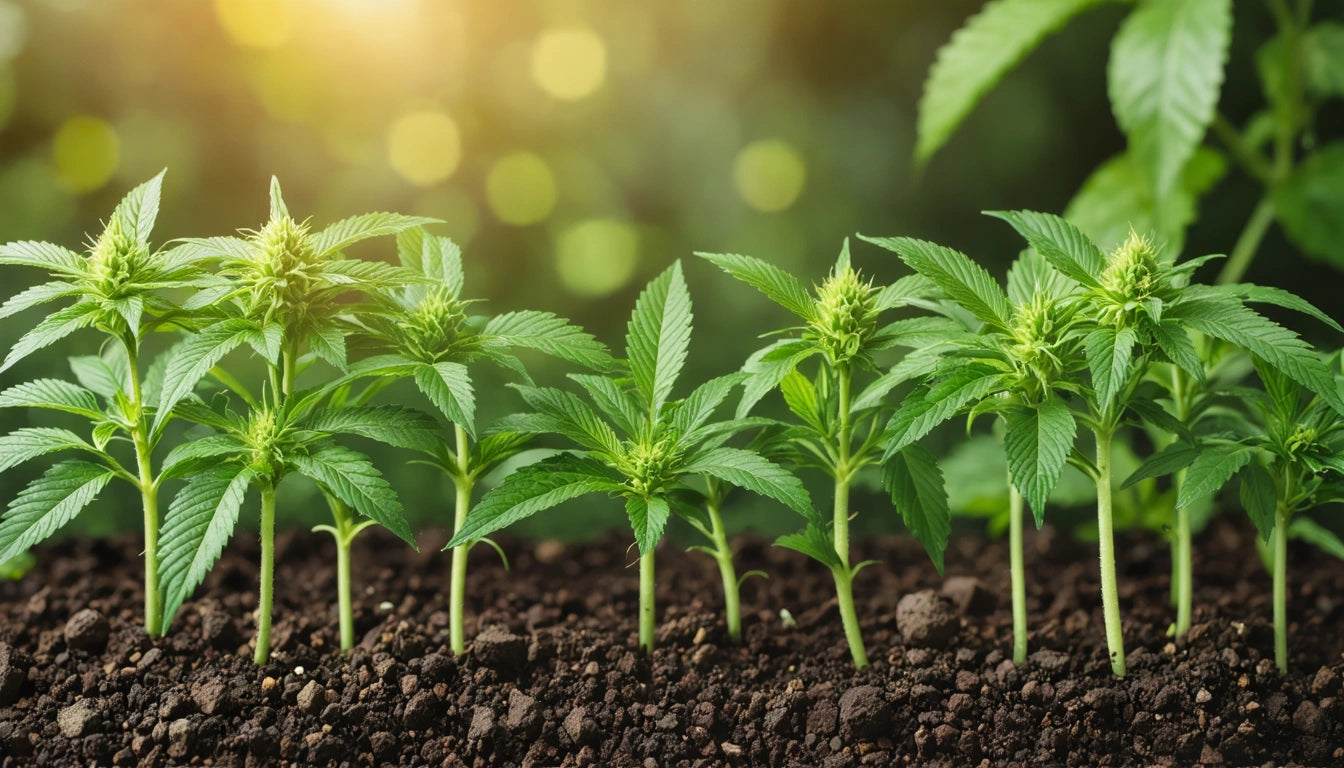 Rows of green plants with serrated leaves growing in soil, sunlight filtering through blurred foliage in the background