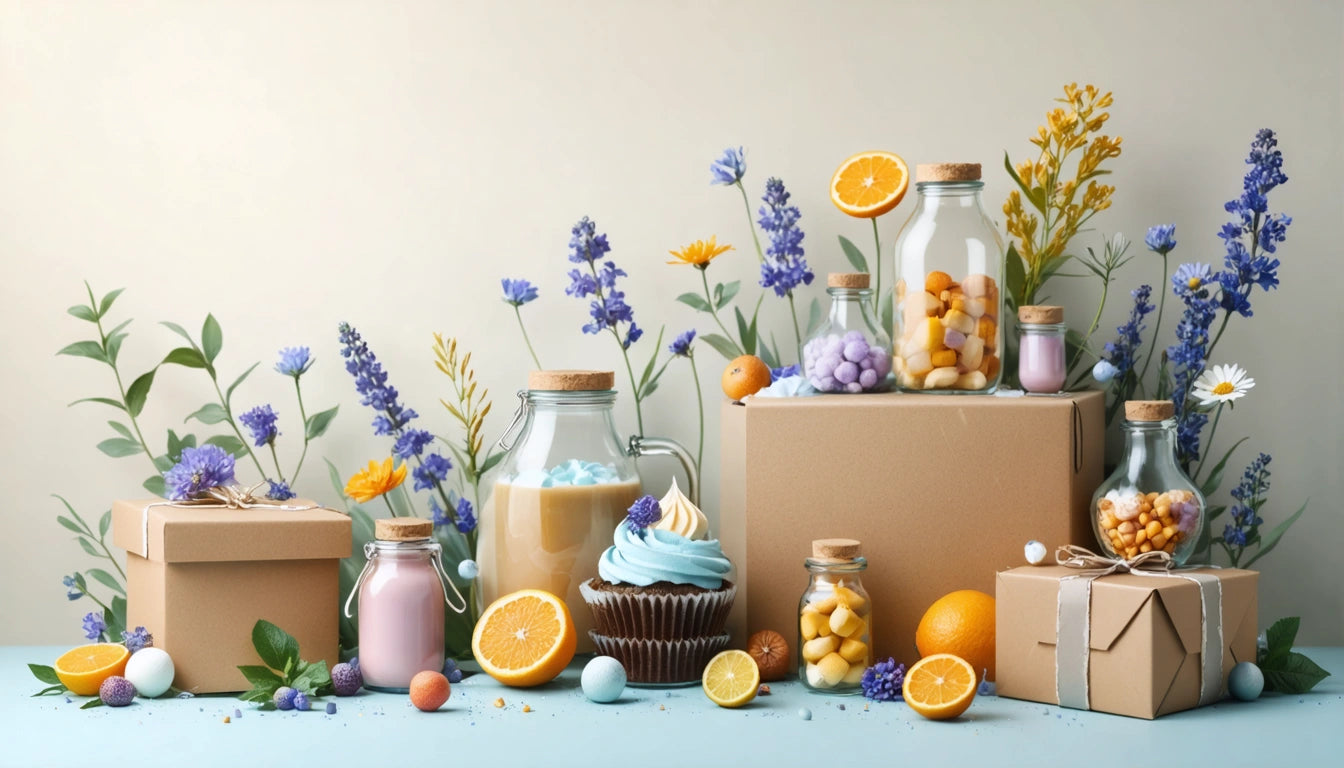 Cupcake, jars of candy, and citrus fruits on boxes, surrounded by purple and yellow flowers against a light background