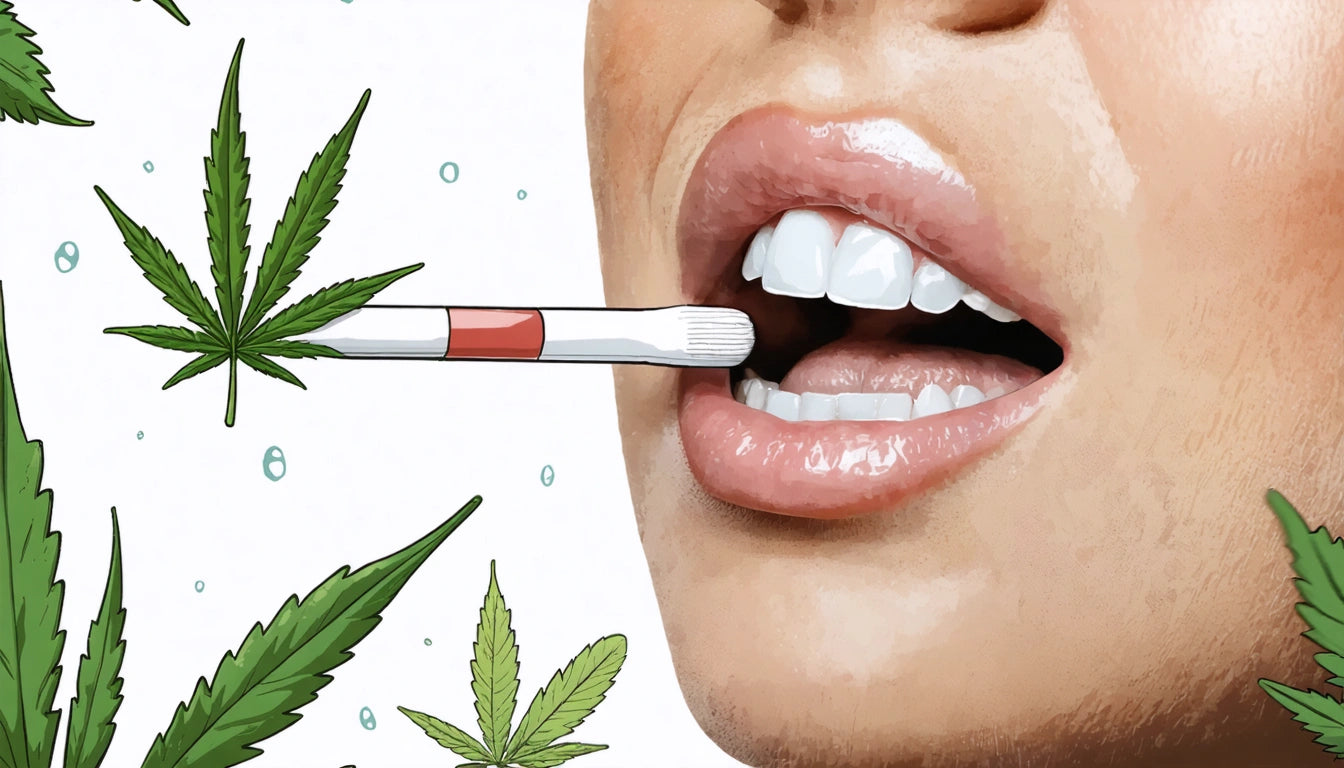 Close-up of a person's open mouth with a thermometer, surrounded by green leaves and small bubbles