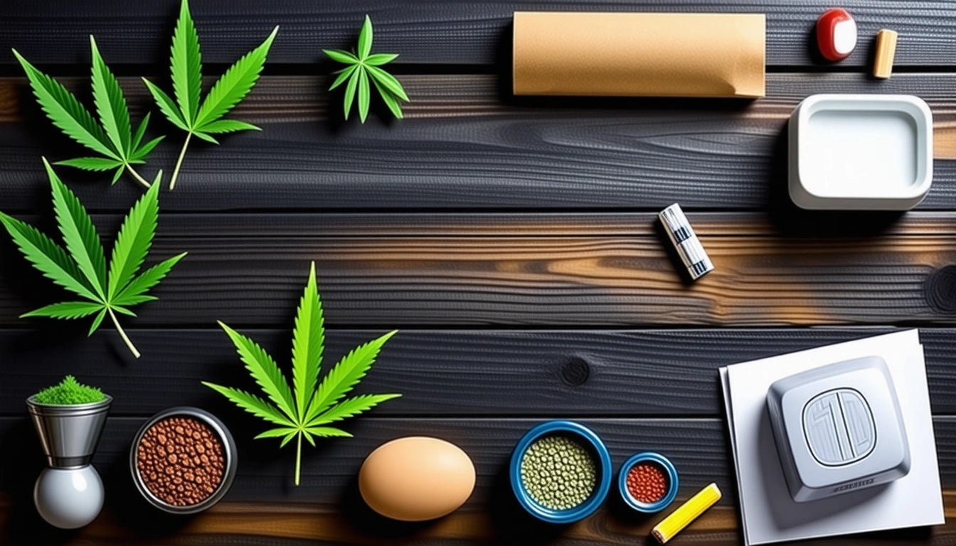 Green leaves, various seeds in bowls, egg, battery, paper, and small containers on a dark wooden surface