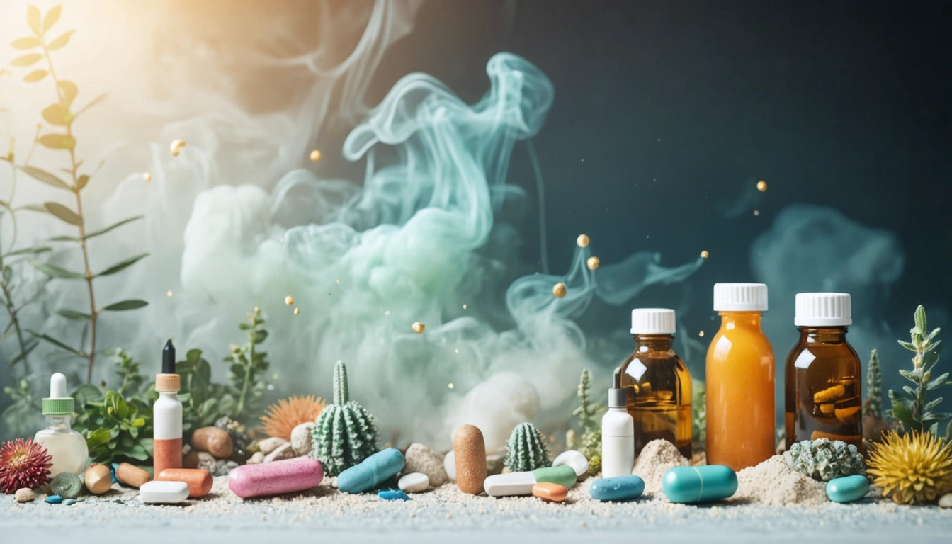 Small cacti, colorful pills, and amber bottles on sandy surface with green smoke and plants in background