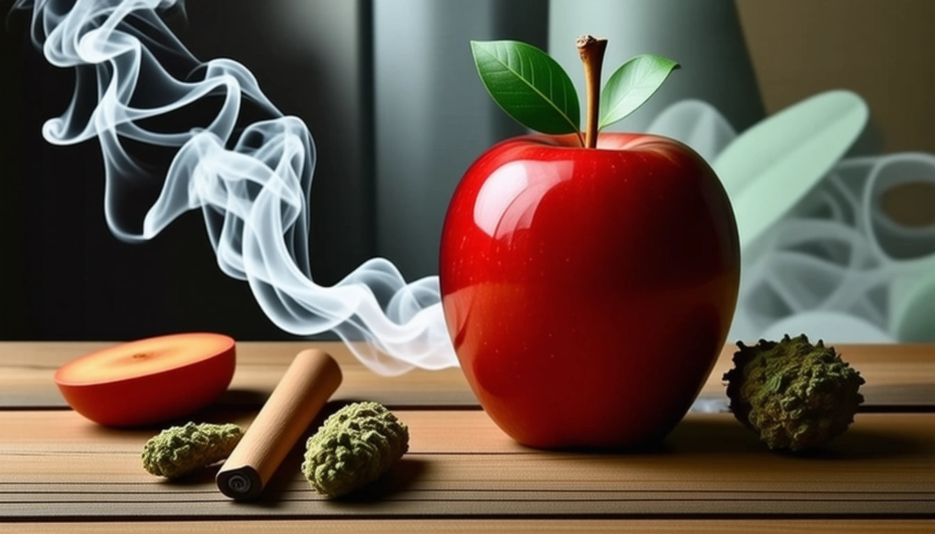 Shiny red apple with leaves, smoke swirling, wooden table, sliced apple, rolled paper, and green buds nearby