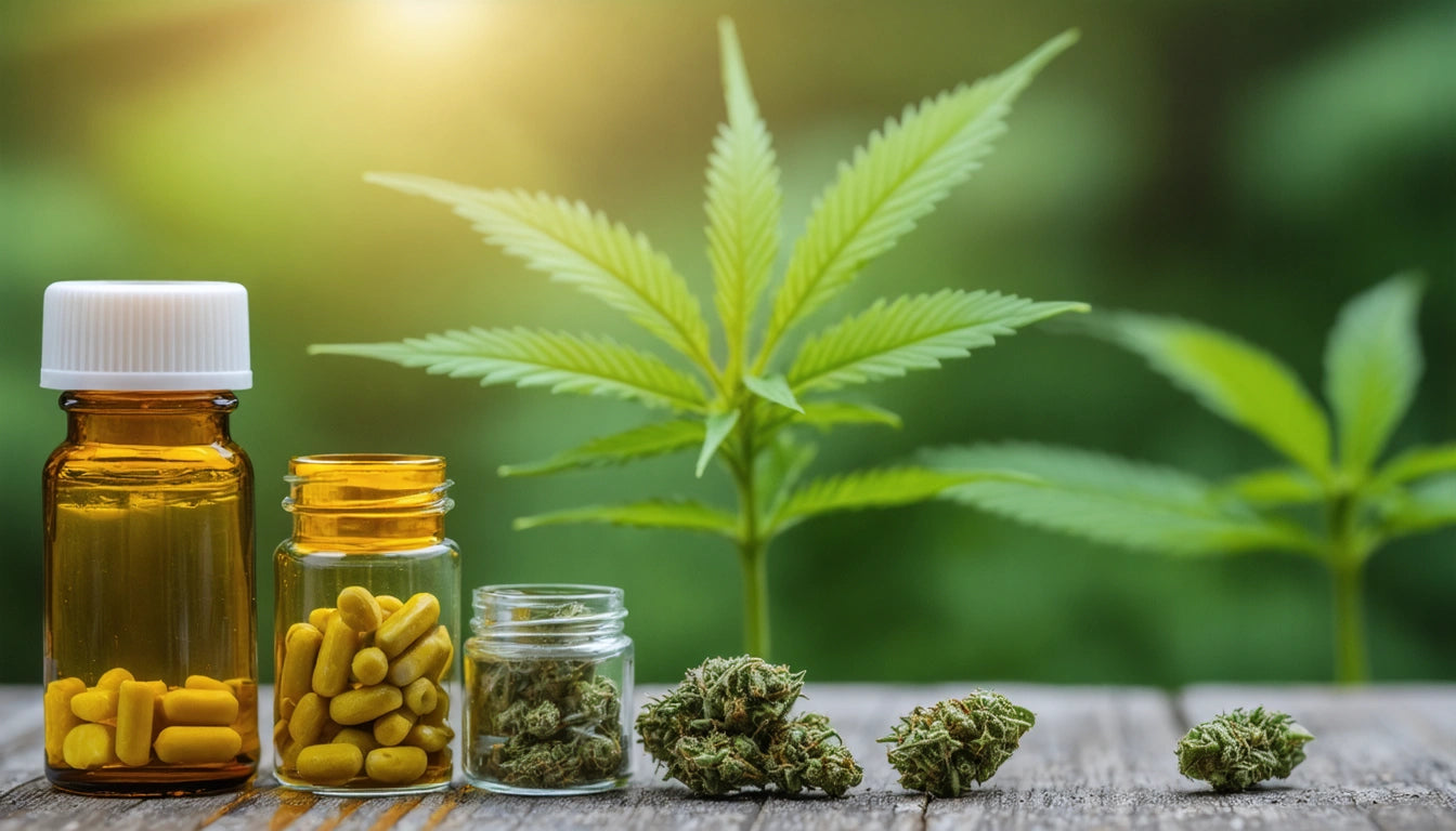 Amber bottles with capsules, a jar with dried herbs, and cannabis buds on wooden surface; green leaves in background