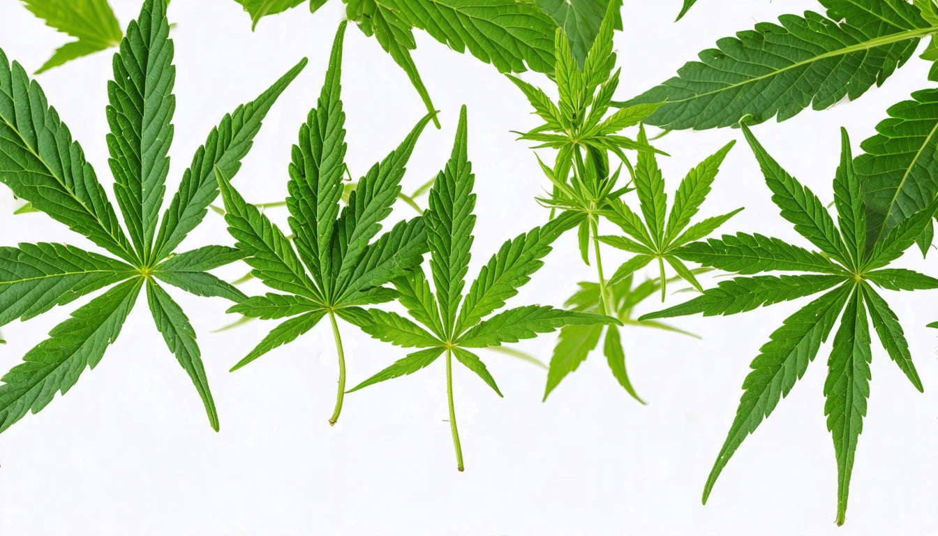 Green leaves with serrated edges and pointed tips against a white background