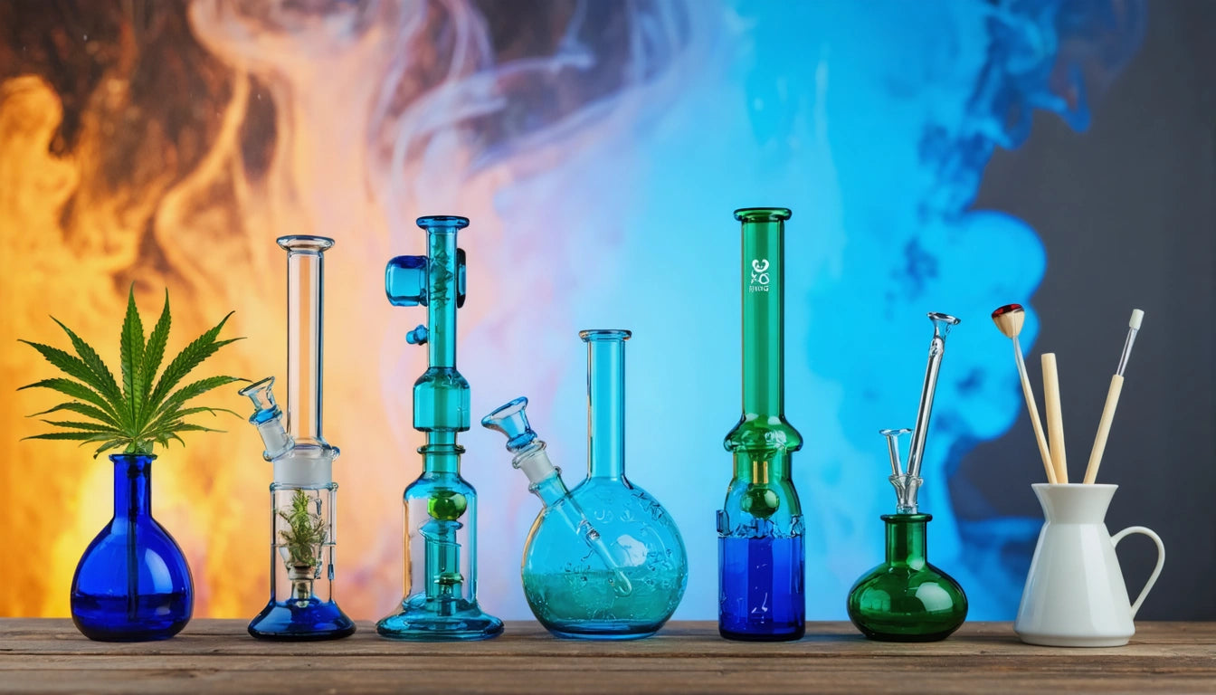 Six colorful glass bongs and a white vase with brushes on a wooden surface, with a vibrant blue and orange smoky background