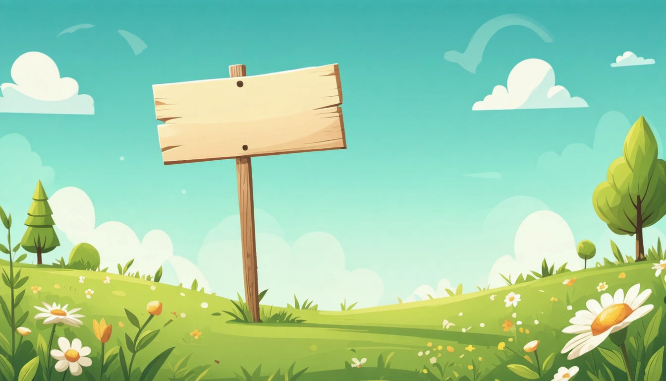 Wooden signpost on grassy hill with daisies, trees, and fluffy clouds in a bright blue sky