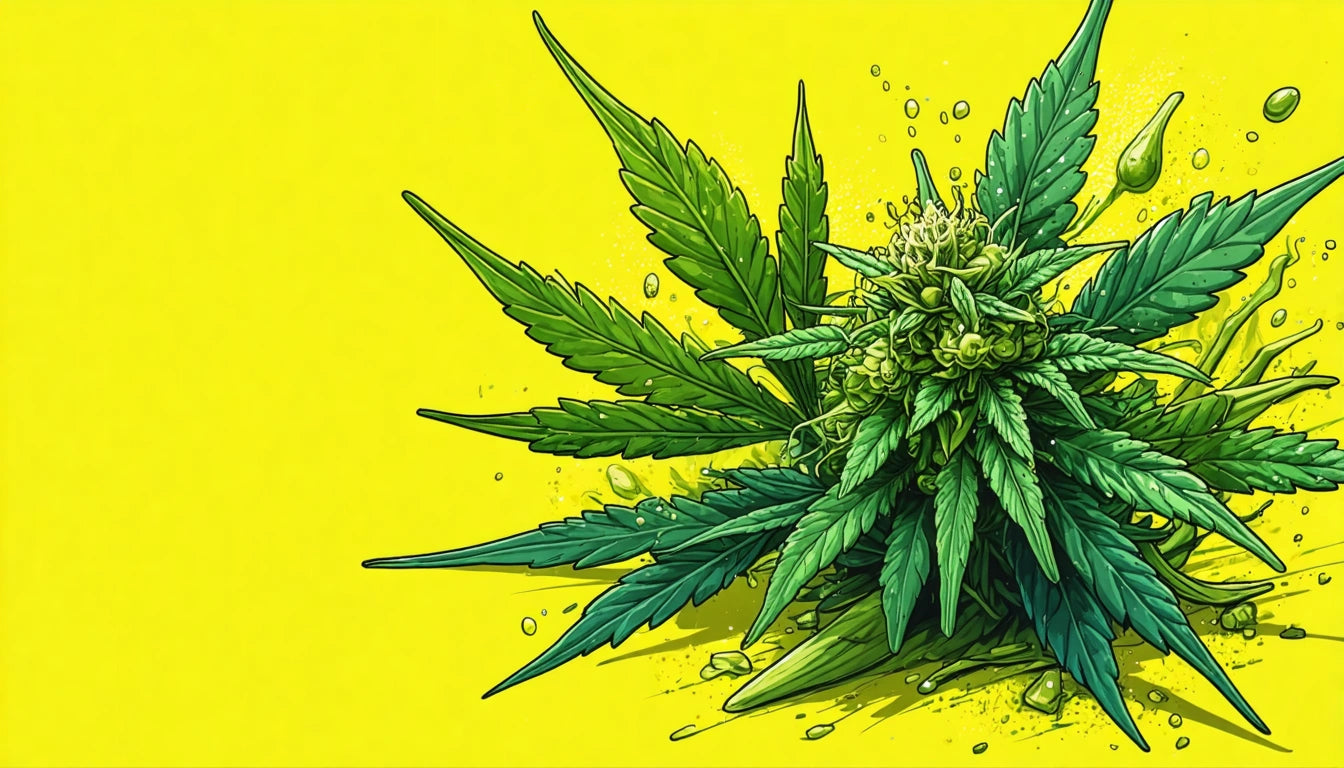 Green leafy plant with pointed leaves and small buds, set against a bright yellow background