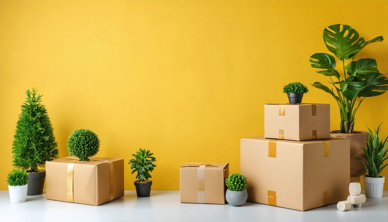 Cardboard boxes and potted plants on white surface against a yellow wall