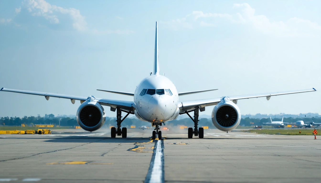 White airplane on runway facing forward, with two engines visible, clear sky in background