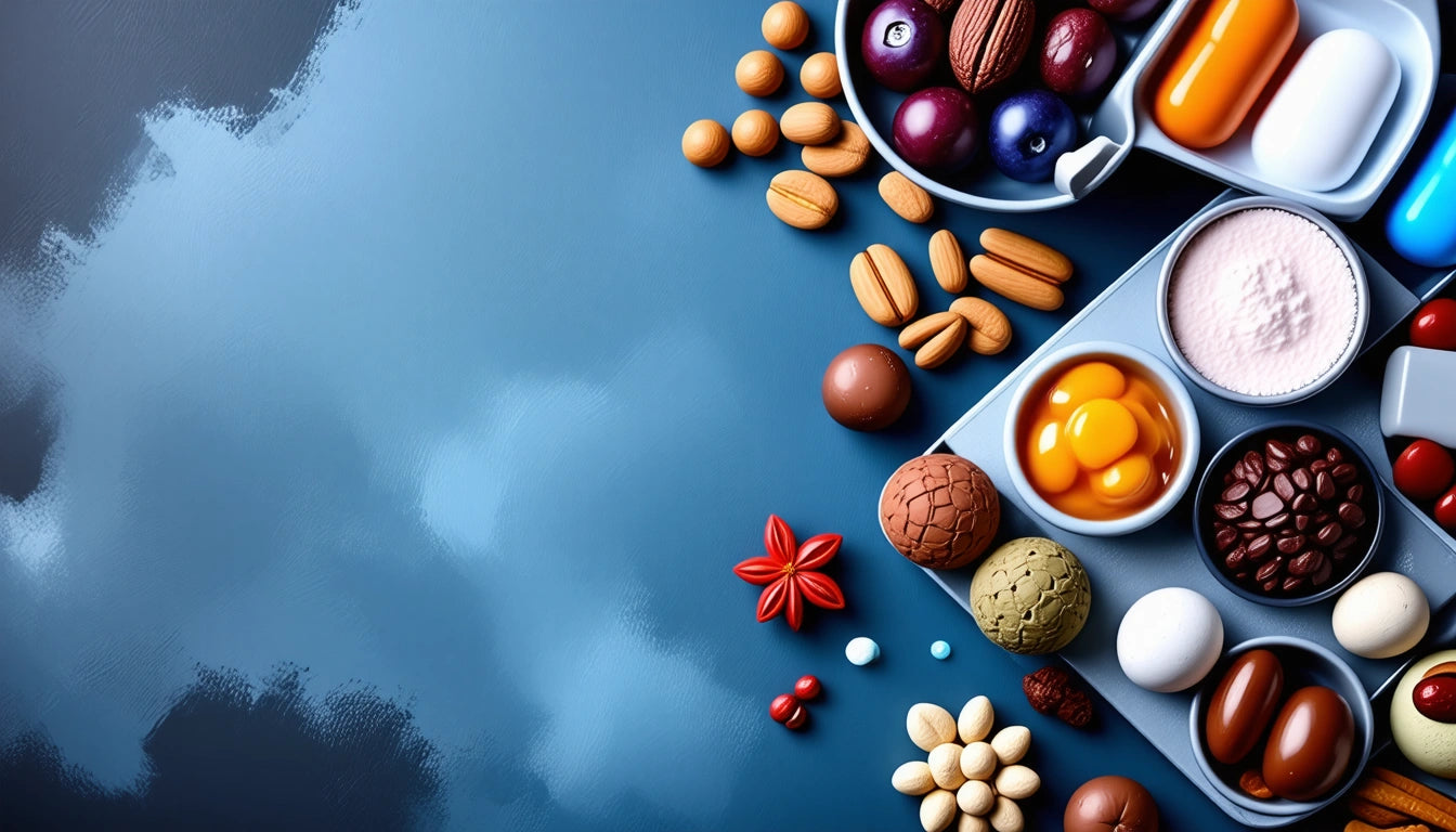 Assorted nuts, berries, and colorful pills on a blue surface with a small white dish