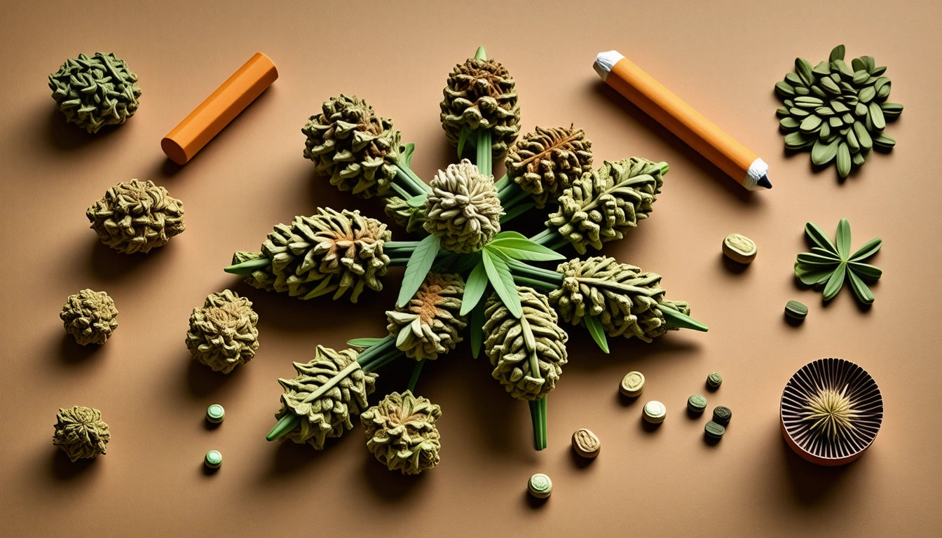 Green and brown pinecone-like objects arranged in a star pattern on a brown surface, with orange pencils and small round items nearby