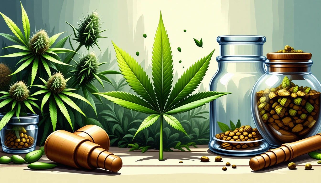 Glass jars with seeds, wooden grinder, large green leaf, and spiky plants on a surface with scattered seeds