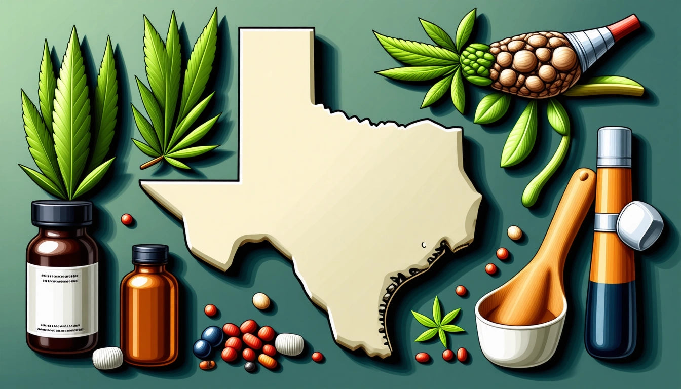 Texas-shaped cutout surrounded by cannabis leaves, pills, brown bottles, mortar and pestle, and pine cone cluster on green background