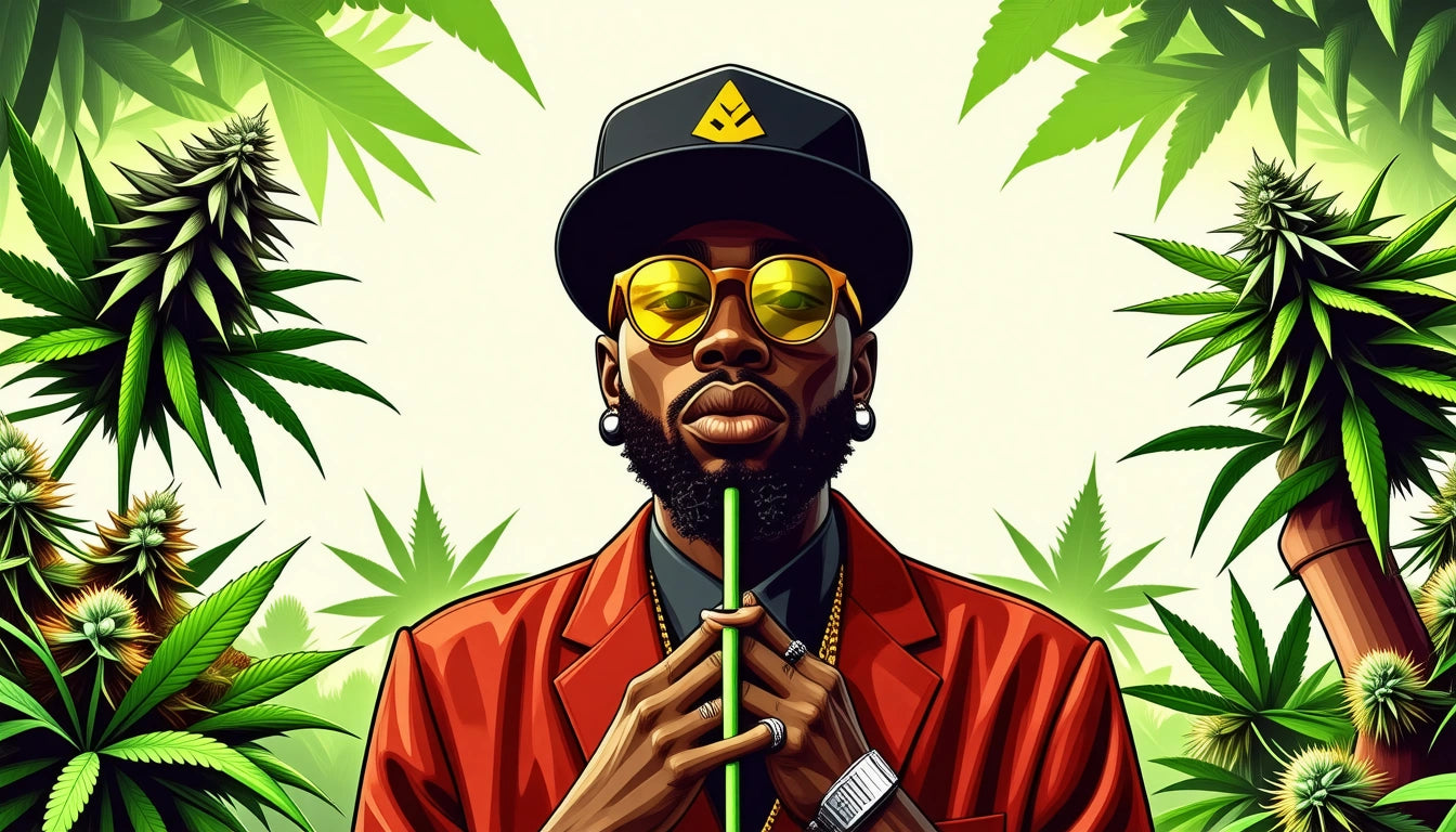 Man in red jacket and black cap holding a green stick, surrounded by large green leaves and plants, wearing yellow sunglasses
