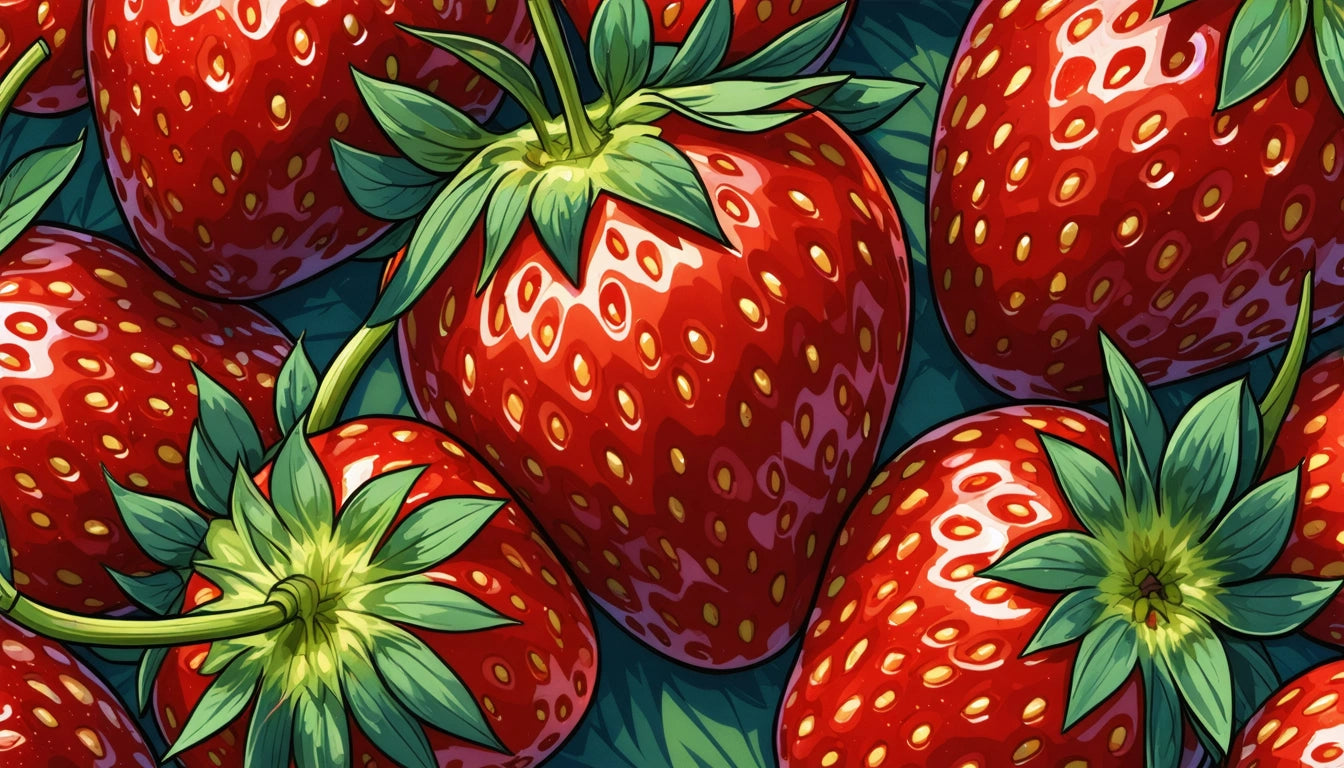 Close-up of vibrant red strawberries with green leaves, reflecting light, arranged closely together