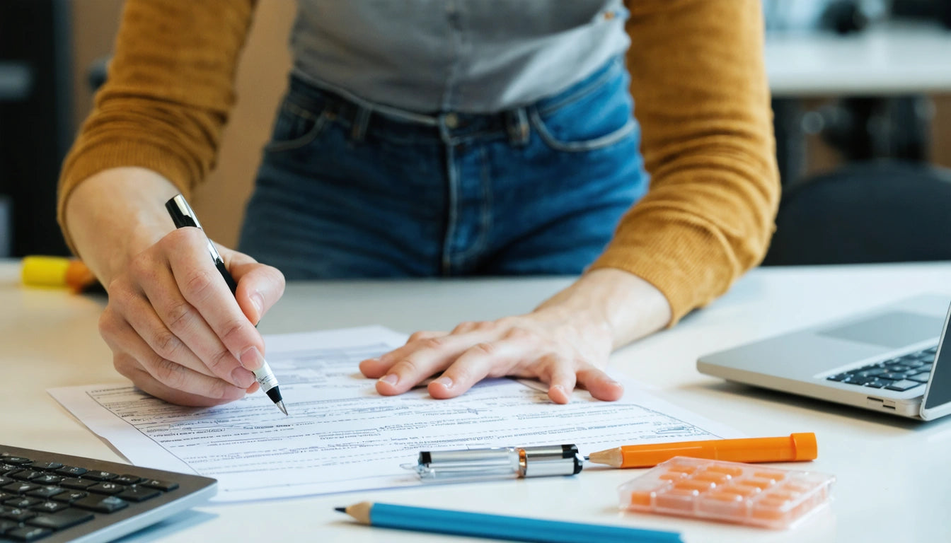 Person in yellow sweater writing on paper at desk with laptop, calculator, and pens nearby