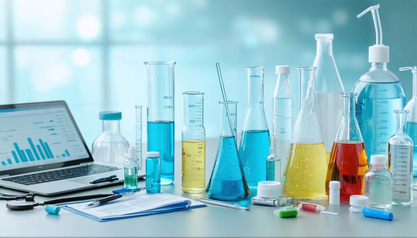 Various colored liquids in glass beakers and test tubes on a lab table, with a laptop displaying charts in the background
