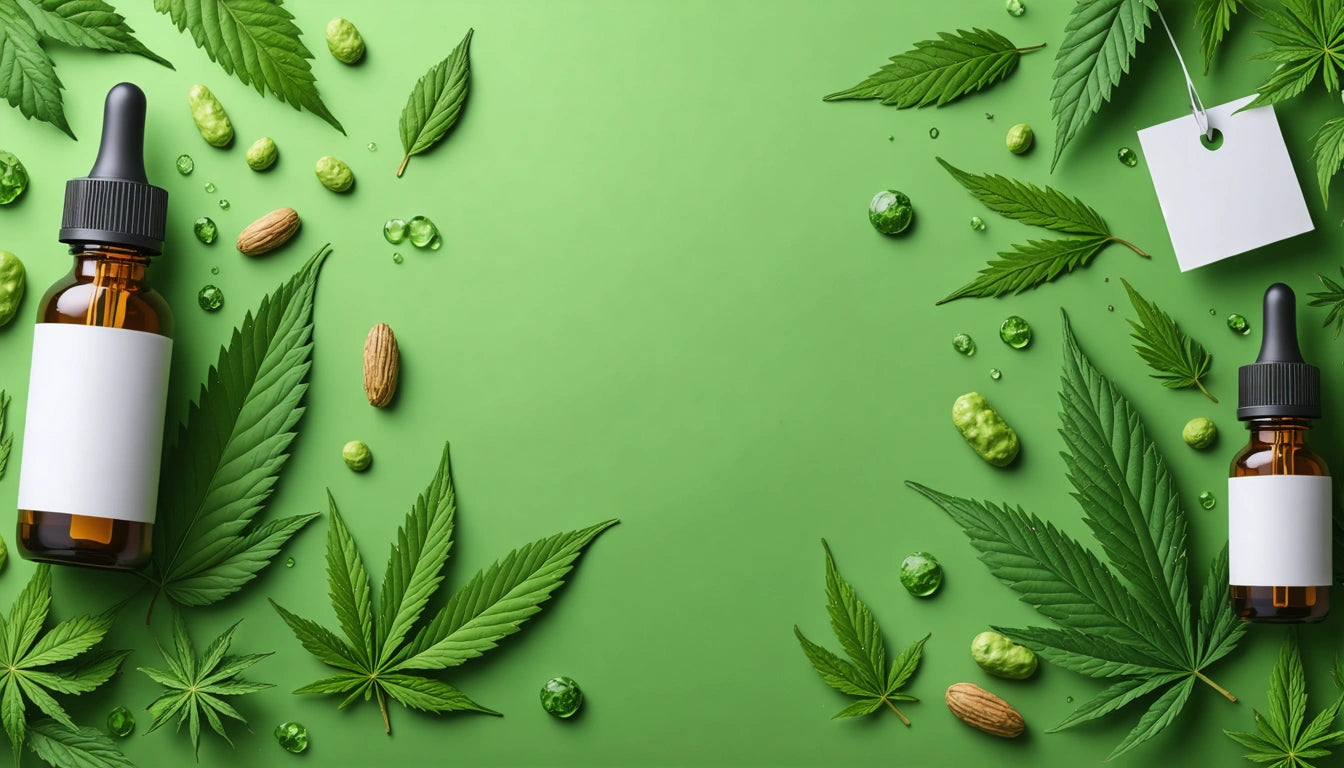 Brown dropper bottles, green leaves, almonds, and droplets arranged on a green background