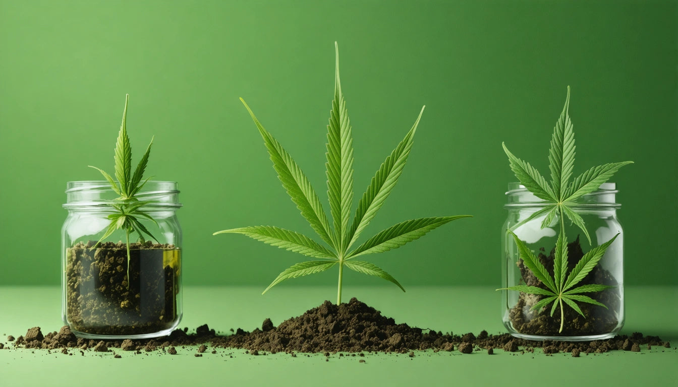 Three cannabis plants; center in soil mound, others in jars with soil, against a green background