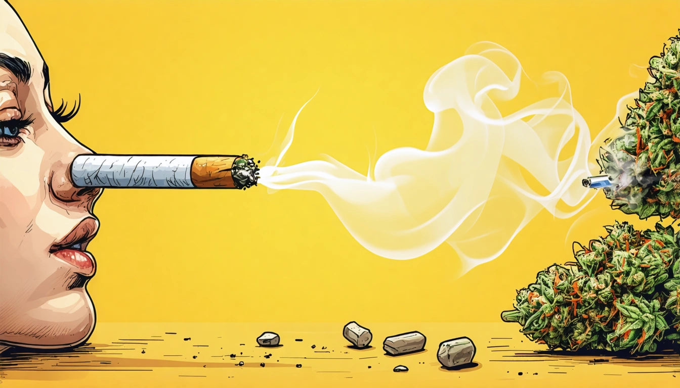 Face in profile with cigarette in mouth, smoke swirling towards a pile of green leaves and small rocks on yellow background