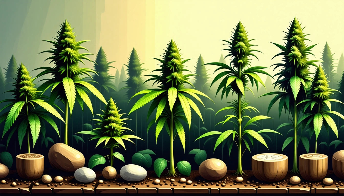 Tall green plants with pointed leaves in rows, surrounded by smooth stones and cut logs on soil, against a soft yellow background