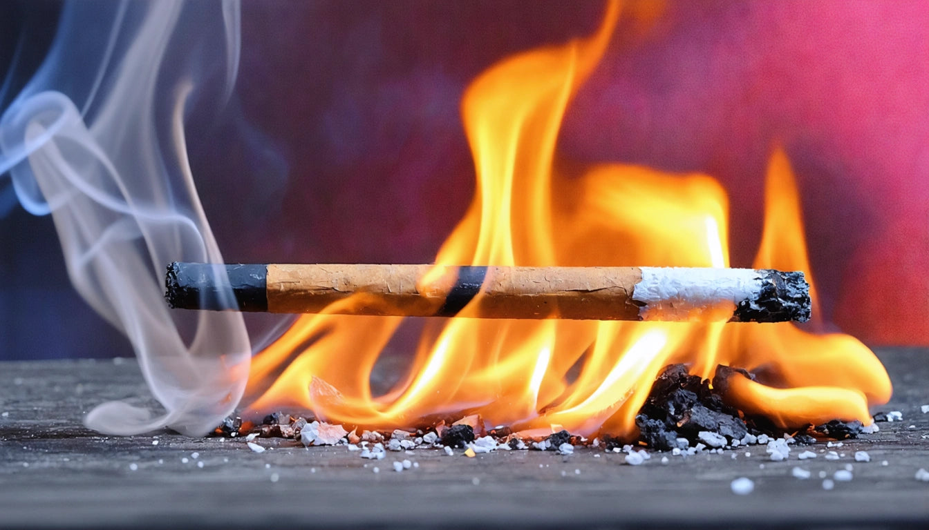 Burning cigarette on wooden surface with bright orange flames and swirling white smoke against a blurred red background
