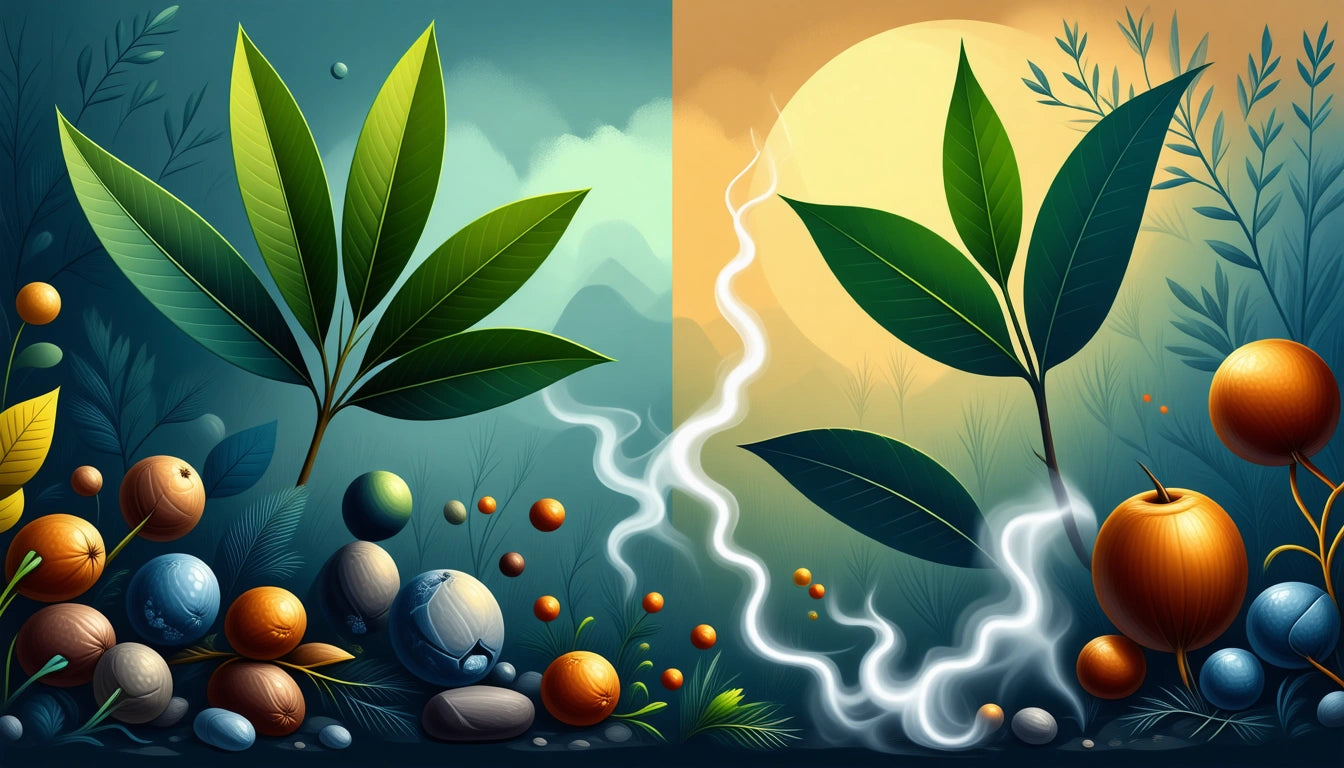 Two large leaves, one on each side, with colorful spheres and stones below; a bright sun and swirling white lines in the background