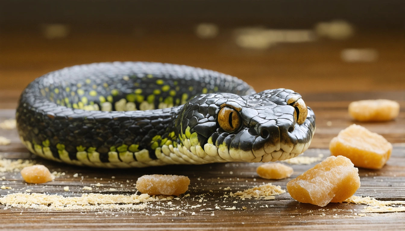 Coiled black and green snake with yellow eyes on wooden surface, surrounded by scattered brown sugar cubes and crumbs