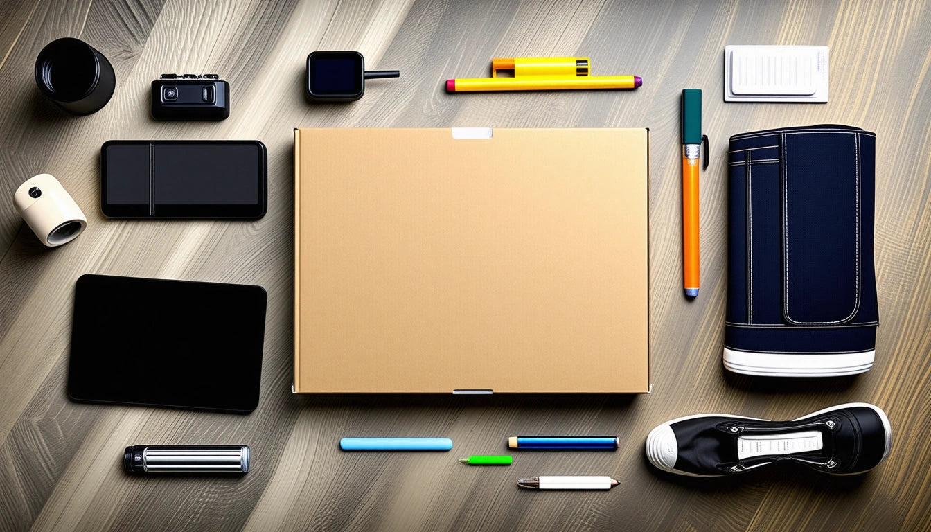 Brown cardboard box centered on wooden surface, surrounded by assorted gadgets, pens, a shoe, and a camera