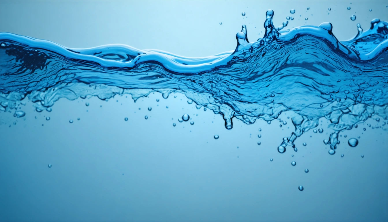 Blue water wave with splashes and bubbles against a light blue background
