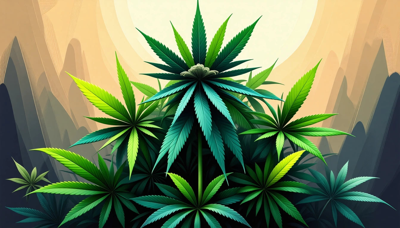 Green and yellow cannabis leaves with serrated edges against a stylized sunlit background