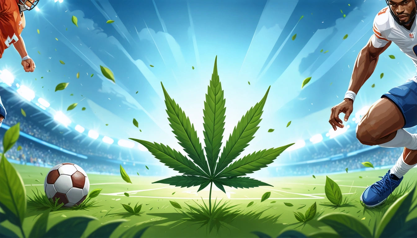 Soccer ball on grass field with large green leaf in center, players' legs on either side, stadium lights in background