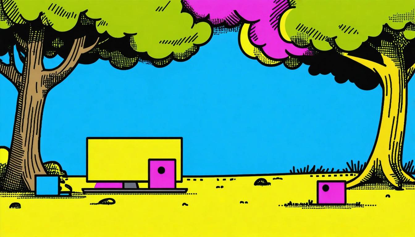 Bright yellow truck with pink door under stylized green and pink trees, set against a vivid blue sky