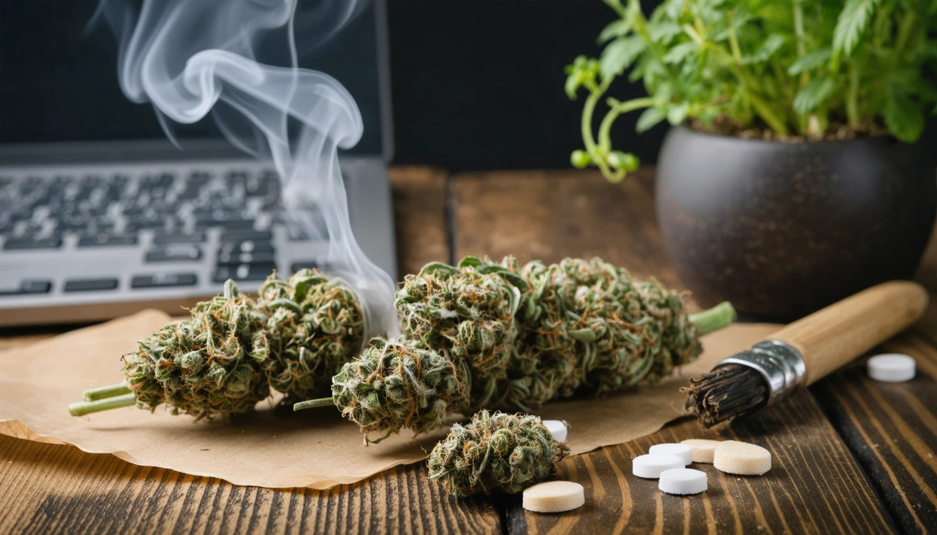 Laptop beside smoking plant buds, pills scattered on wooden table, potted plant and brush nearby