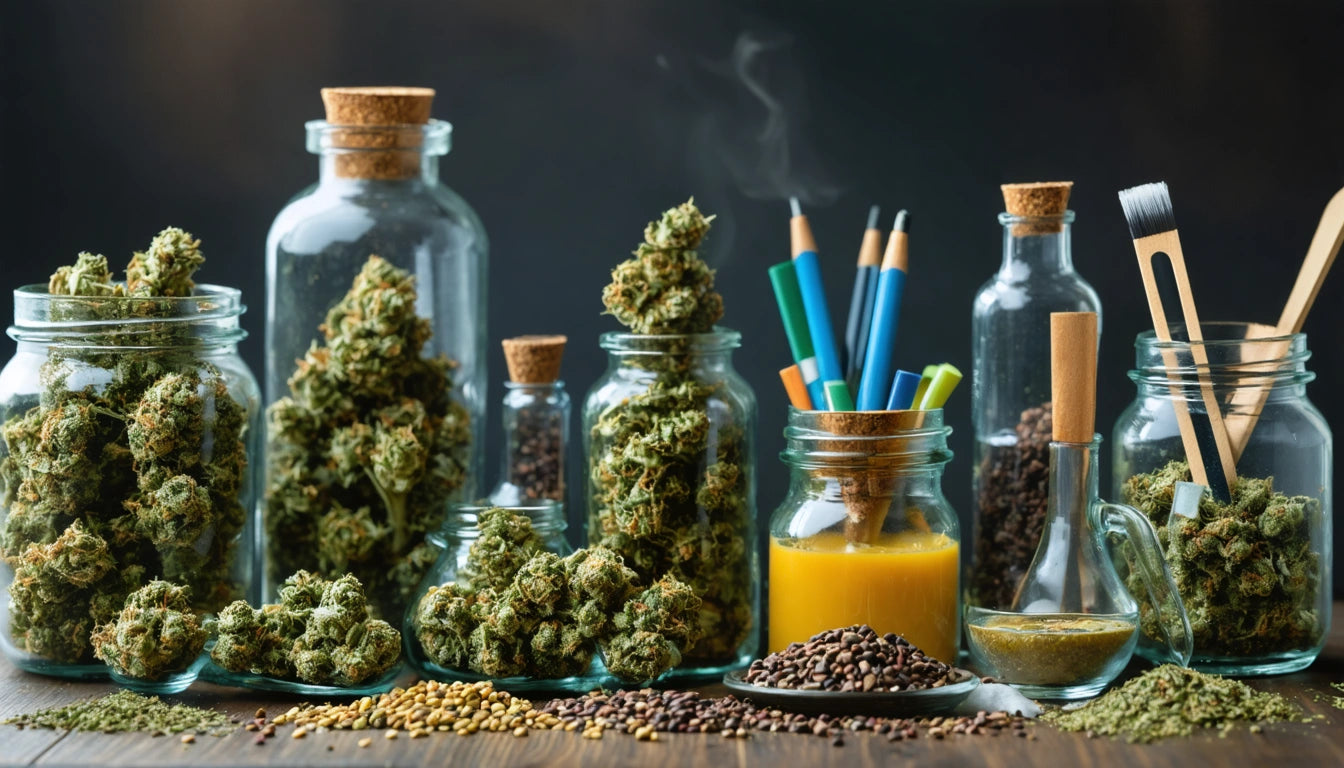 Glass jars filled with green buds, colored pencils, seeds, and spices on a wooden surface, with a dark background