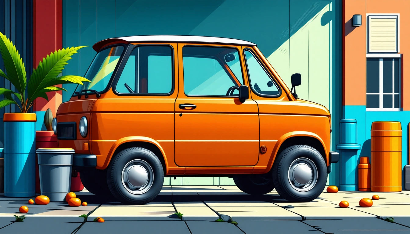 Orange compact car parked on tiled surface, surrounded by scattered oranges, with a potted plant and colorful building backdrop