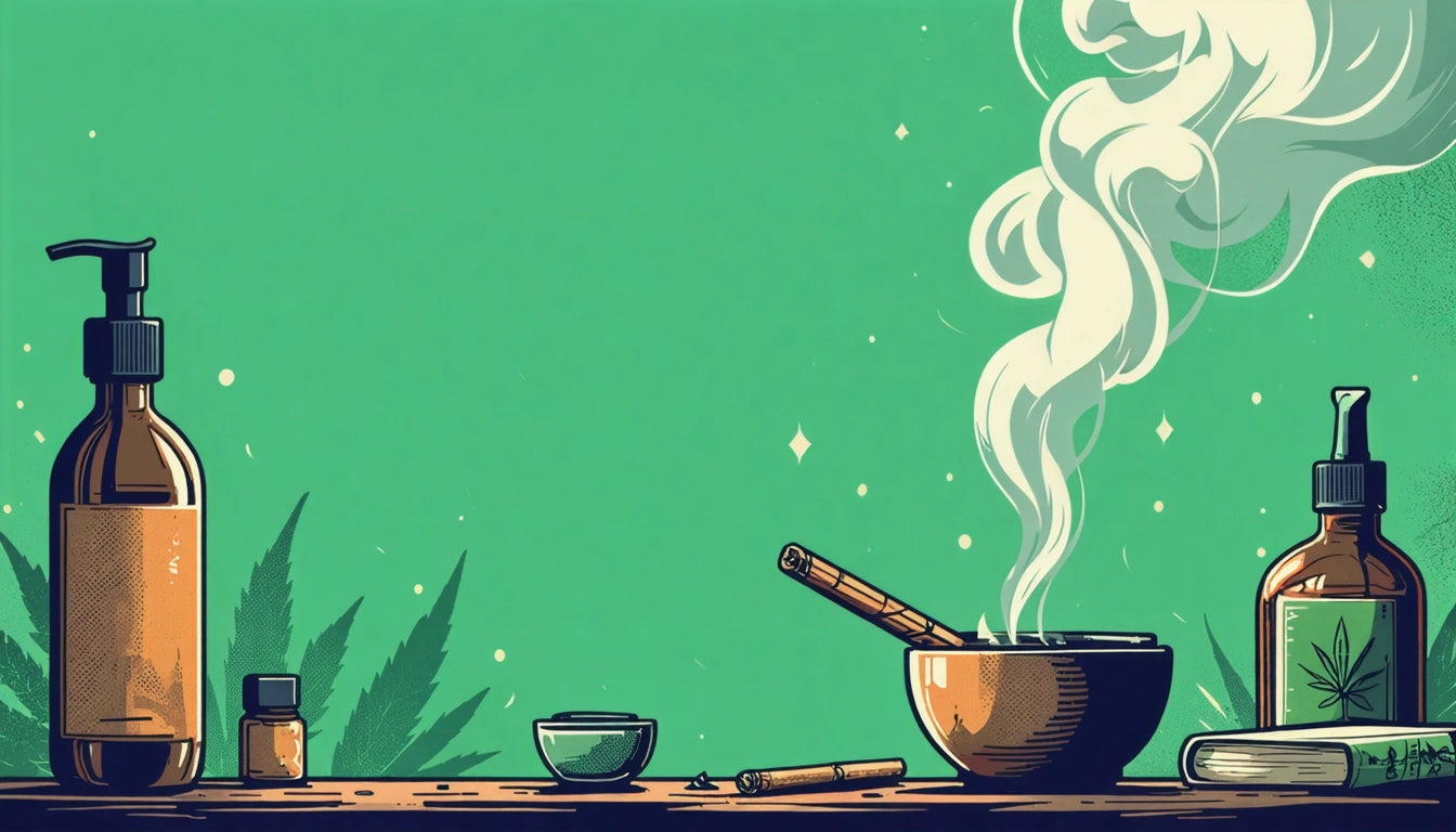 Brown bottles, steaming bowl with sticks, small cup, and leaves on wooden surface against a green background with sparkles