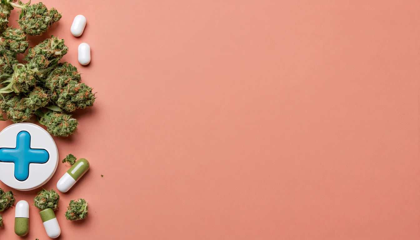 Green buds, white and green capsules, and a round white container with a blue cross on a peach background