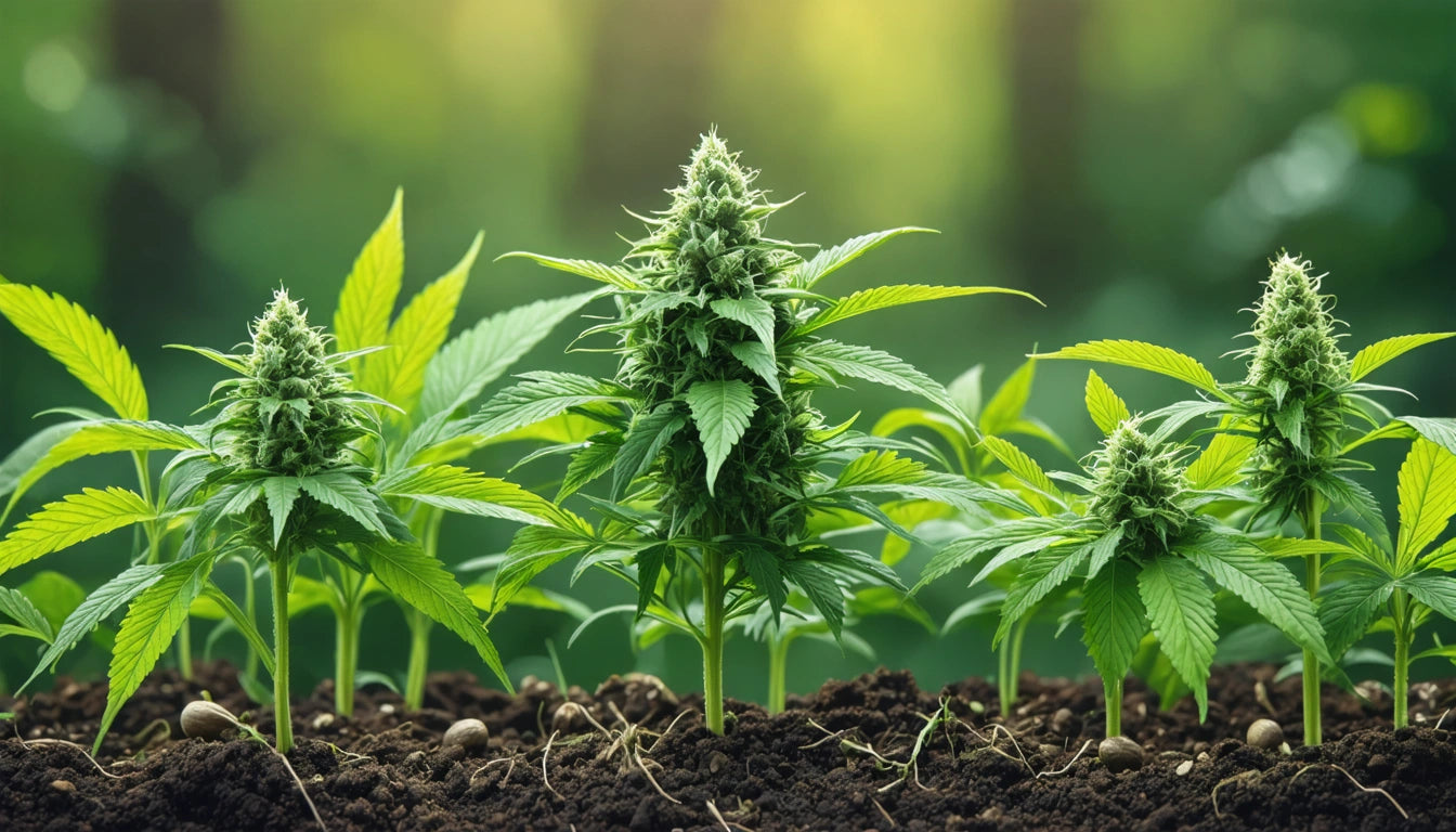 Green plants with serrated leaves and dense buds growing in dark soil, blurred green background