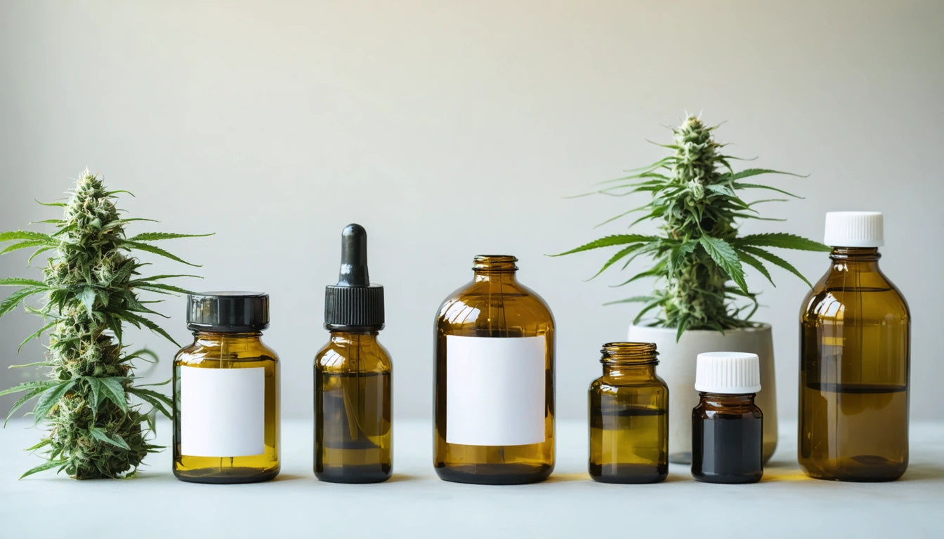 Amber glass bottles with blank labels, dropper, and white caps, next to two potted green plants on a light surface